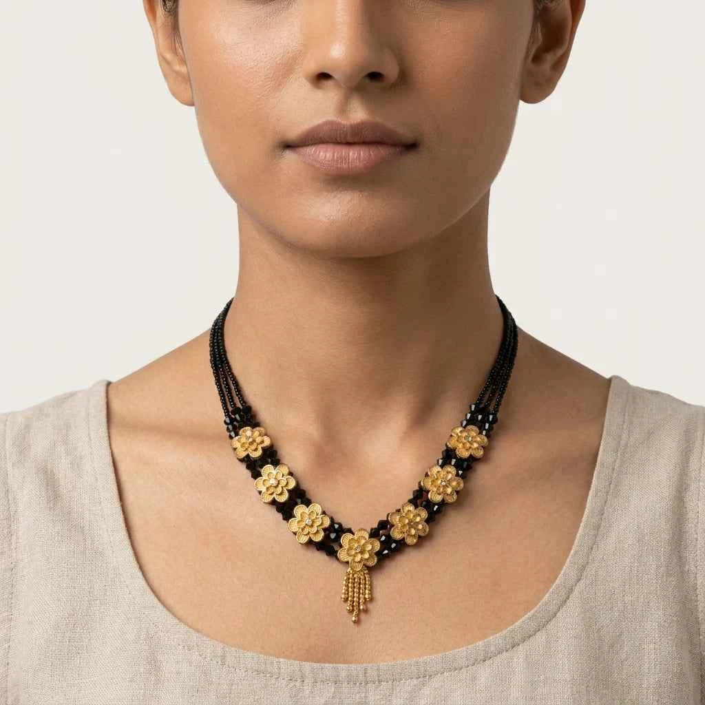 gold plated floral short lacha mangalsutra for women | black bead designer necklace