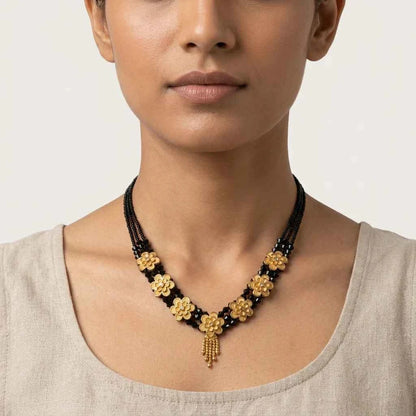 Gold Plated Floral Short Lacha Mangalsutra for Women | Black Bead Designer Necklace