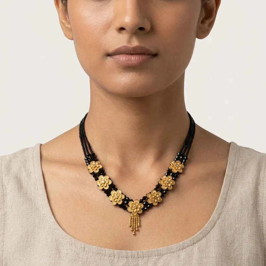 Gold Plated Floral Short Lacha Mangalsutra for Women | Black Bead Designer Necklace