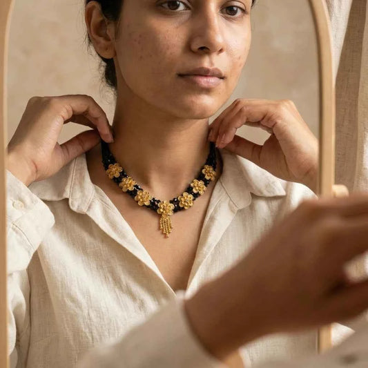 Gold Plated Floral Short Lacha Mangalsutra for Women | Black Bead Designer Necklace
