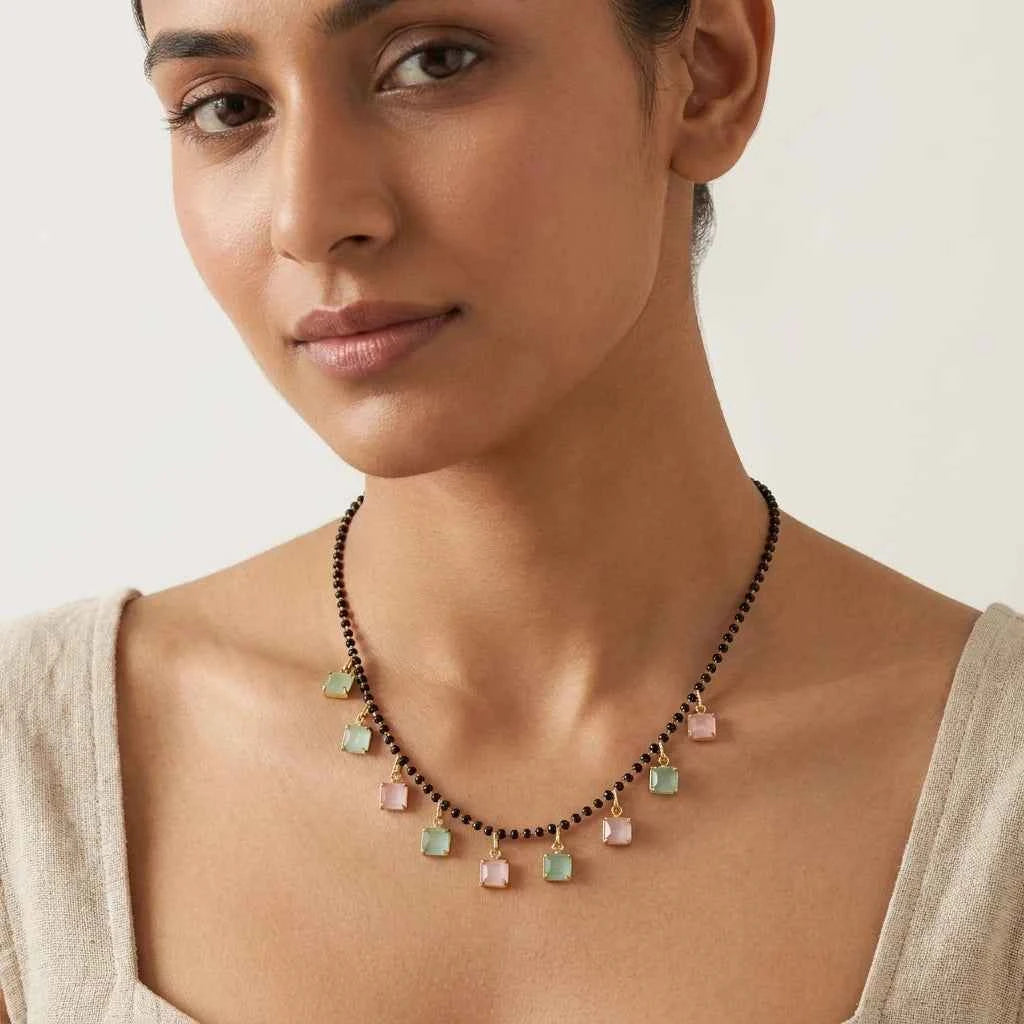 Pink Green Square Stone Short Lacha Mangalsutra for Women | Gold Plated Black Bead Designer Mangalsutra Necklace