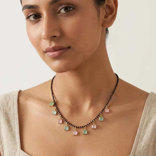 Pink Green Square Stone Short Lacha Mangalsutra for Women | Gold Plated Black Bead Designer Mangalsutra Necklace