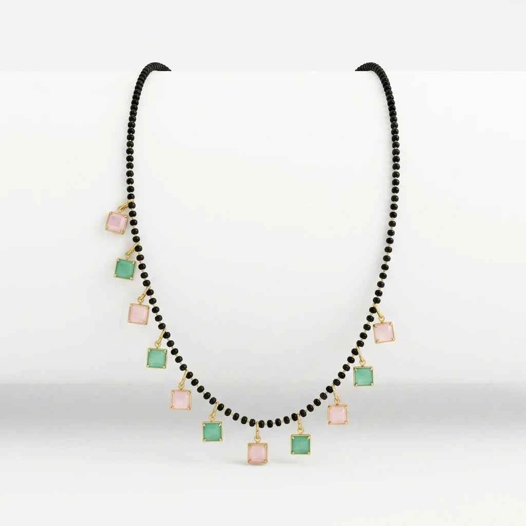 Pink Green Square Stone Short Lacha Mangalsutra for Women | Gold Plated Black Bead Designer Mangalsutra Necklace