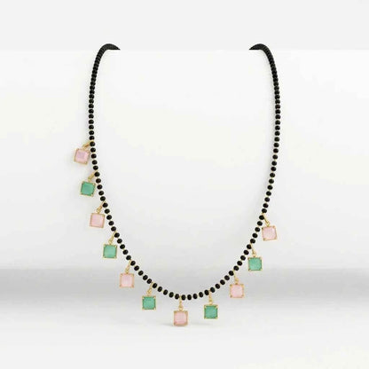 Pink Green Square Stone Short Lacha Mangalsutra for Women | Gold Plated Black Bead Designer Mangalsutra Necklace