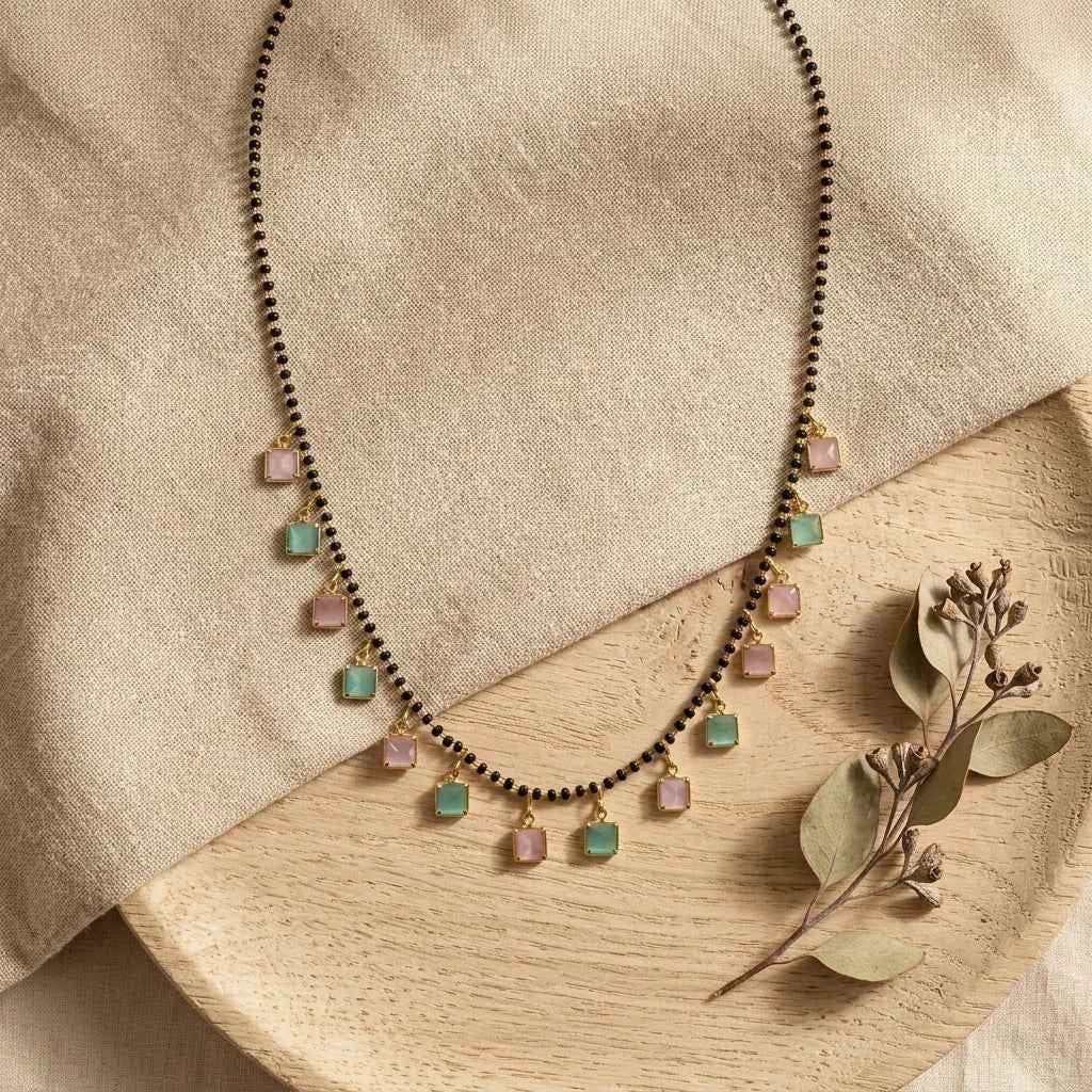 pink green square stone short lacha mangalsutra for women | gold plated black bead designer mangalsutra necklace