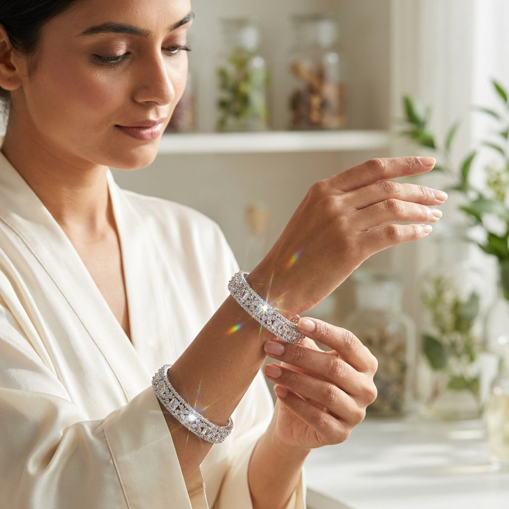 Silver Plated American Diamond Floral Designer Bangles Set for Women