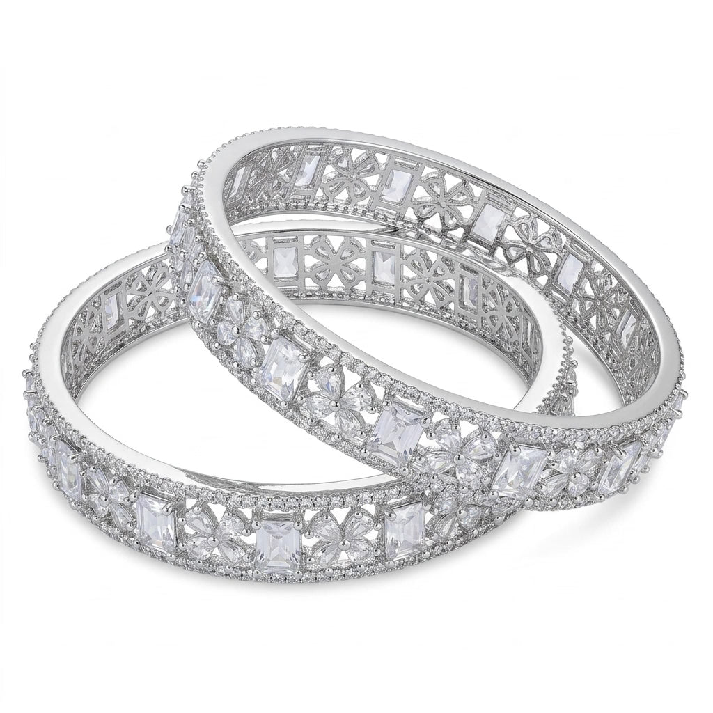 Silver Plated American Diamond Floral Designer Bangles Set for Women