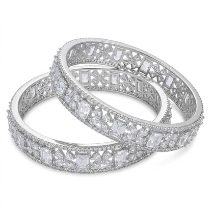 Silver Plated American Diamond Floral Designer Bangles Set for Women