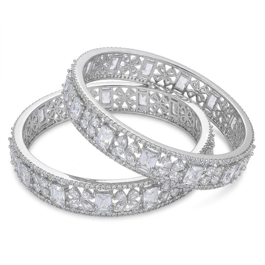 Silver Plated American Diamond Floral Designer Bangles Set for Women