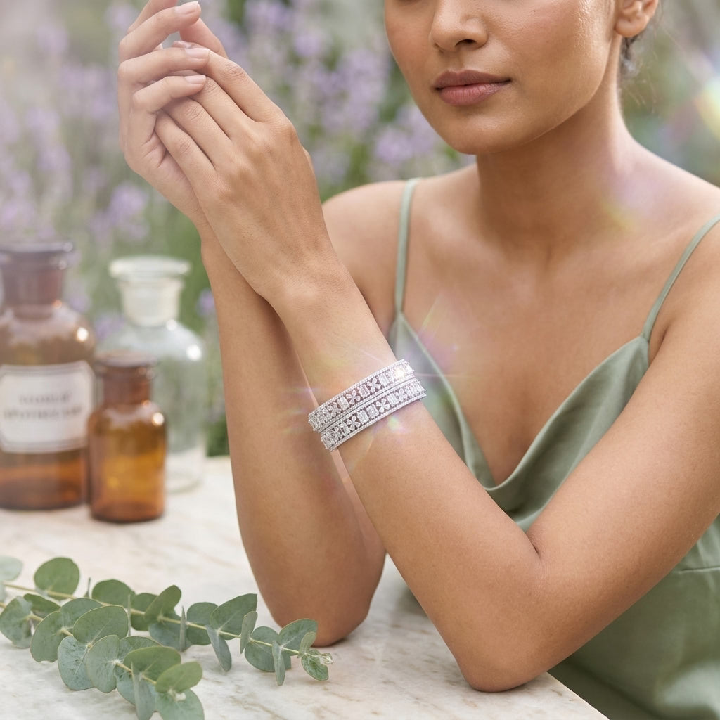 Silver Plated American Diamond Floral Designer Bangles Set for Women