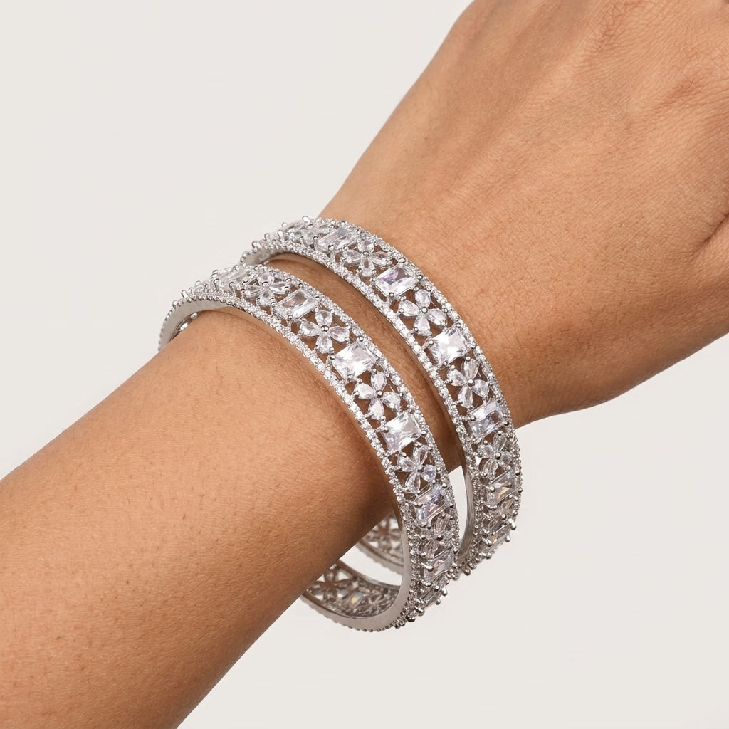 Silver Plated American Diamond Floral Designer Bangles Set for Women