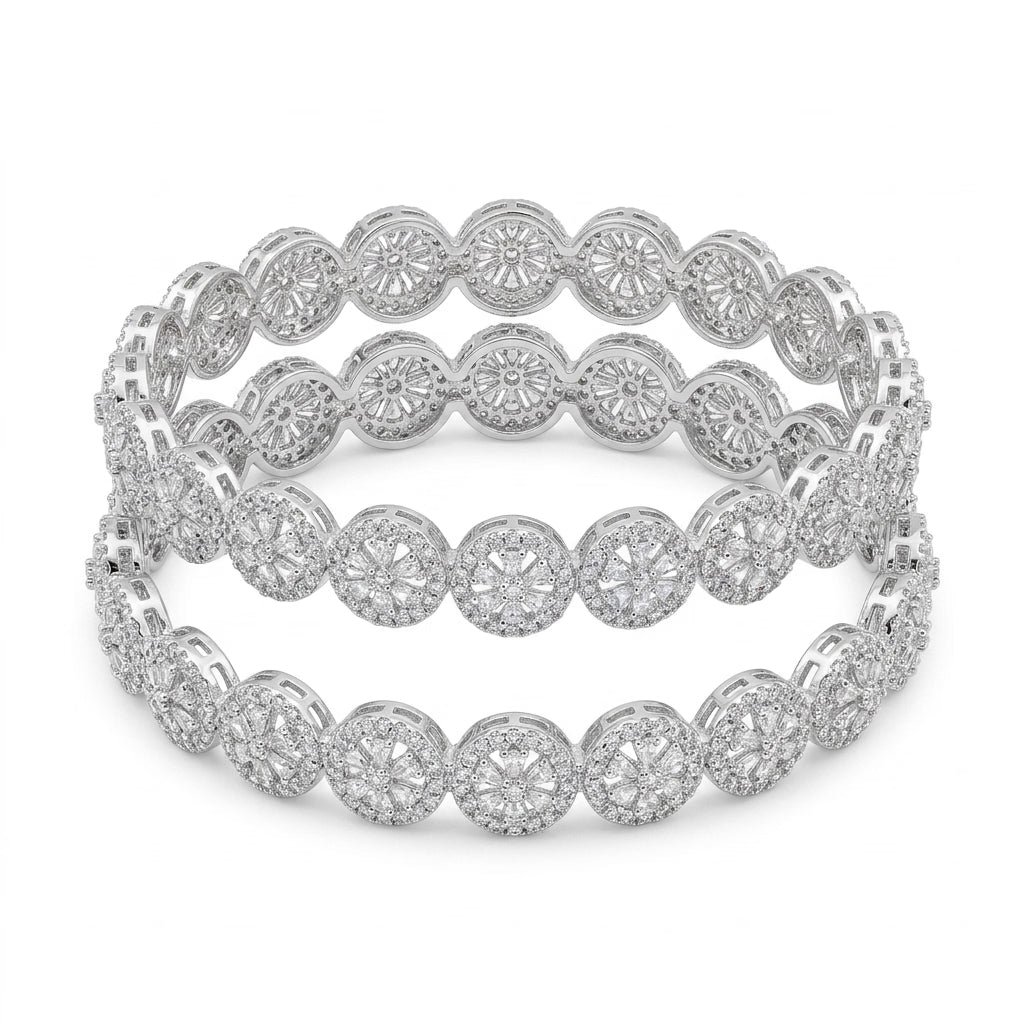 Silver Plated American Diamond Floral Designer Bangles Set for Women, Set of 2