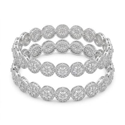 Silver Plated American Diamond Floral Designer Bangles Set for Women, Set of 2