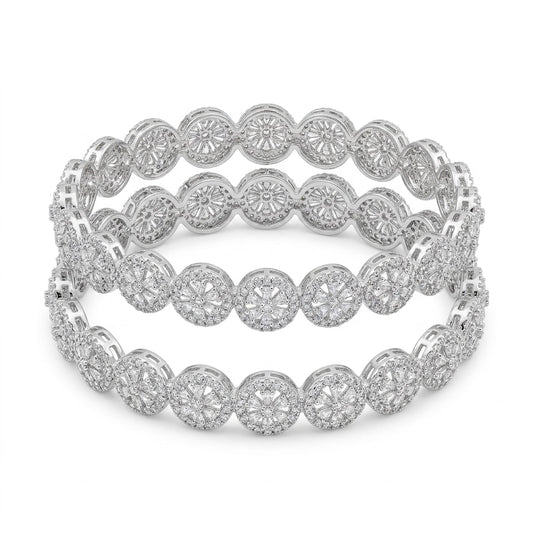 Silver Plated American Diamond Floral Designer Bangles Set for Women, Set of 2