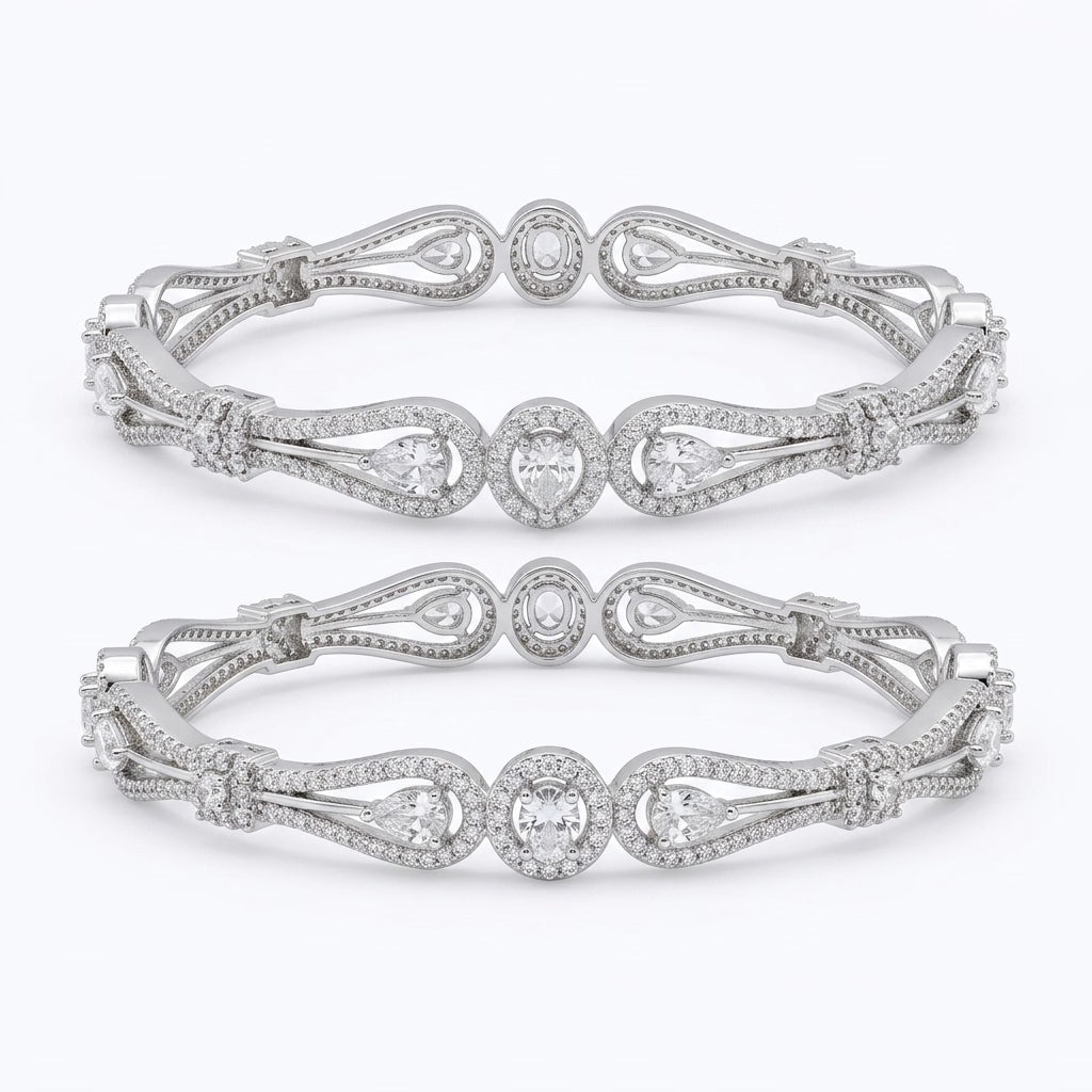 Silver Plated American Diamond Teardrop Designer Bangles Set for Women, Set of 2