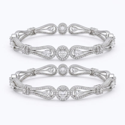 Silver Plated American Diamond Teardrop Designer Bangles Set for Women, Set of 2