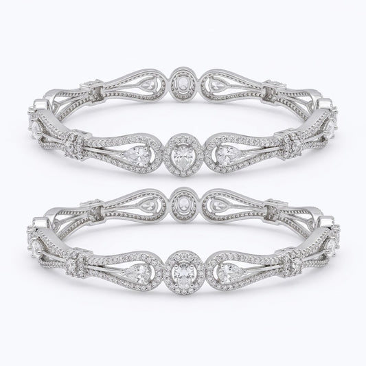 Silver Plated American Diamond Teardrop Designer Bangles Set for Women, Set of 2