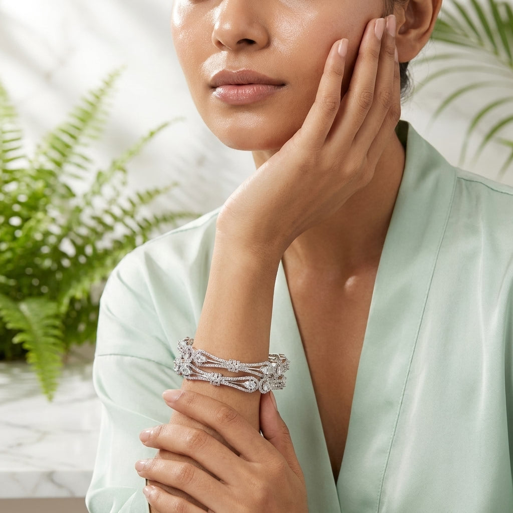 Silver Plated American Diamond Teardrop Designer Bangles Set for Women, Set of 2