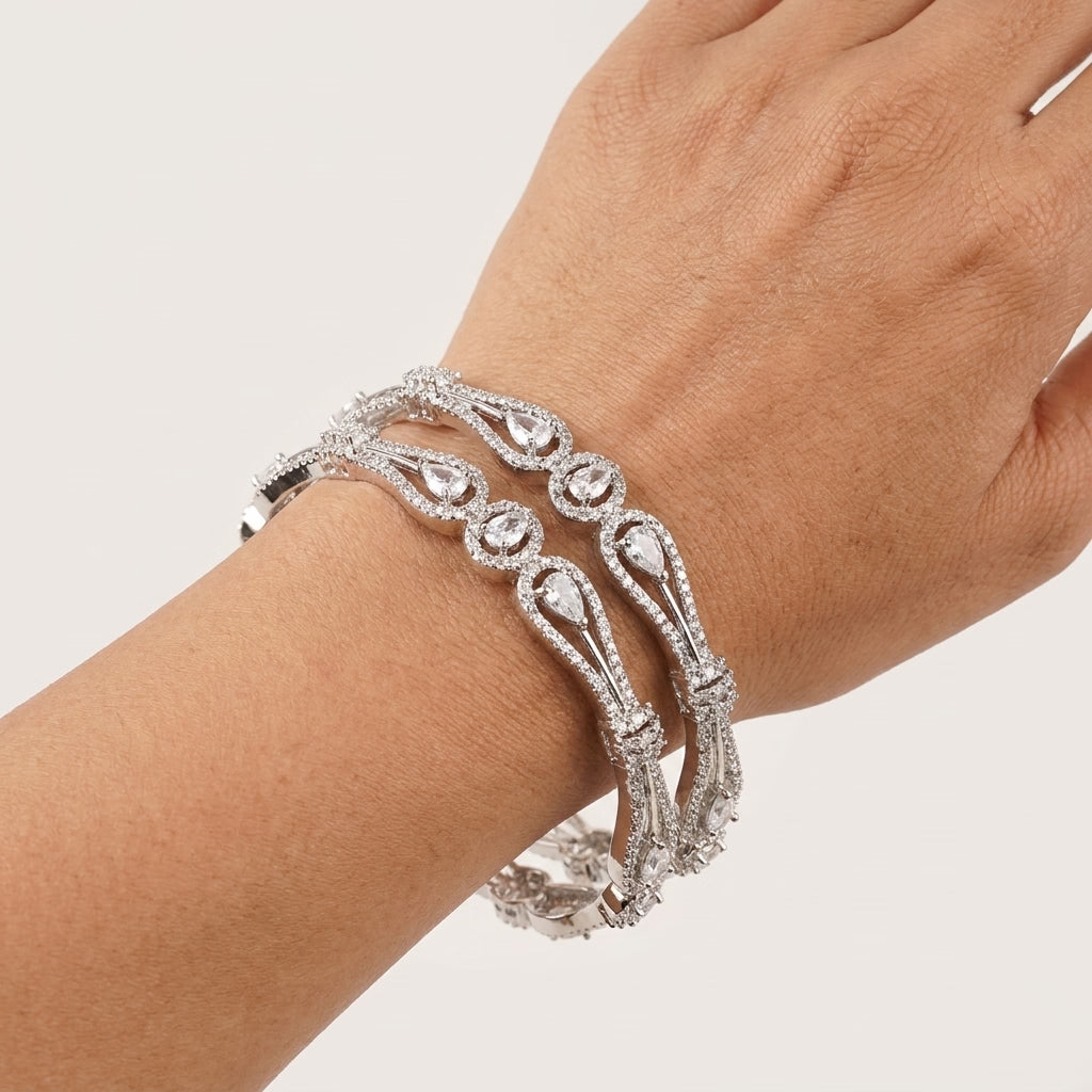 Silver Plated American Diamond Teardrop Designer Bangles Set for Women, Set of 2