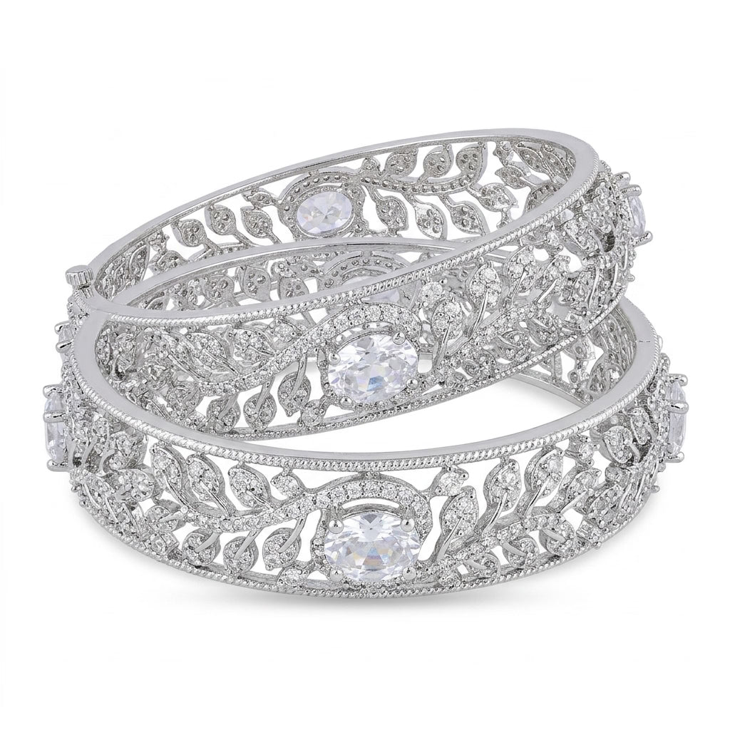 Silver Plated American Diamond Leaf Designer Bangles Set for Women