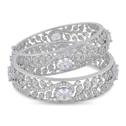 Silver Plated American Diamond Leaf Designer Bangles Set for Women