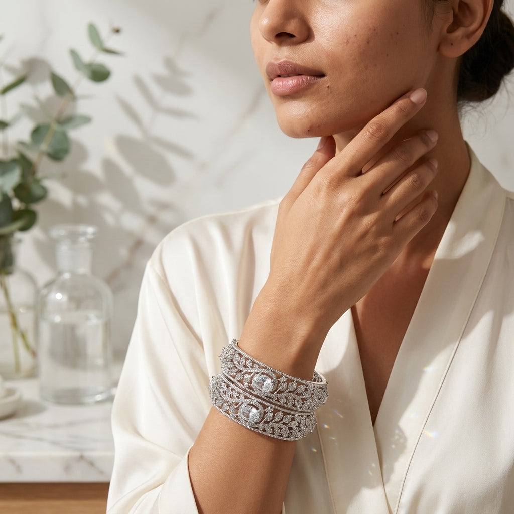 Silver Plated American Diamond Leaf Designer Bangles Set for Women