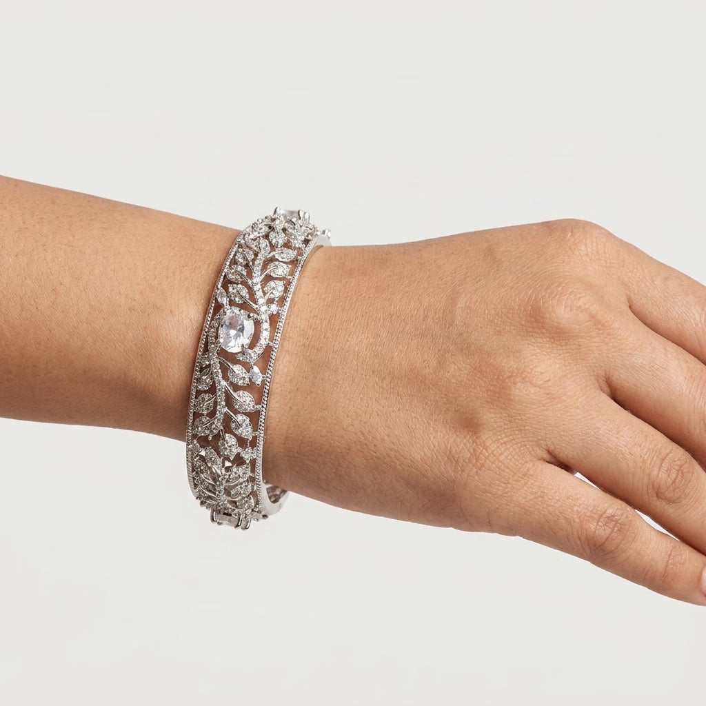 Silver Plated American Diamond Leaf Designer Bangles Set for Women