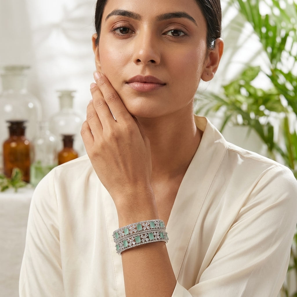Silver Plated Mint Green American Diamond Floral Designer Bangles Set for Women, Set of 2