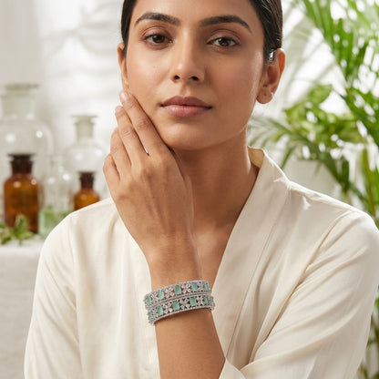 Silver Plated Mint Green American Diamond Floral Designer Bangles Set for Women, Set of 2