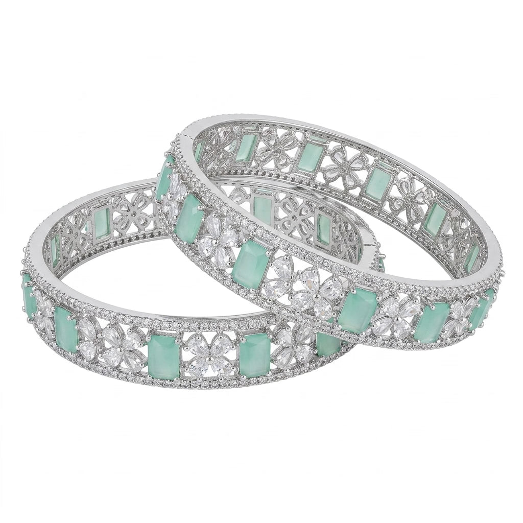 Silver Plated Mint Green American Diamond Floral Designer Bangles Set for Women, Set of 2
