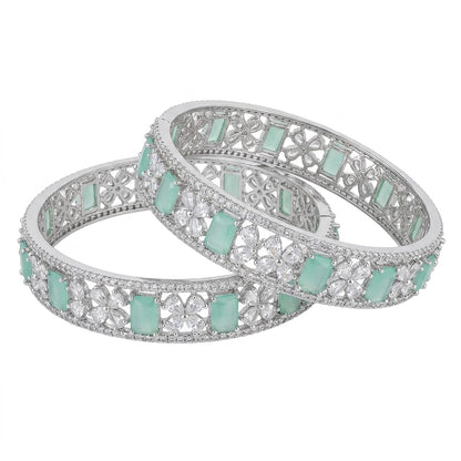 Silver Plated Mint Green American Diamond Floral Designer Bangles Set for Women, Set of 2