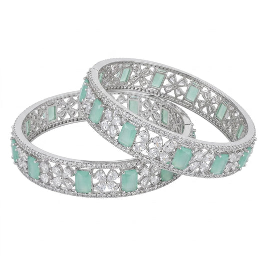 Silver Plated Mint Green American Diamond Floral Designer Bangles Set for Women, Set of 2