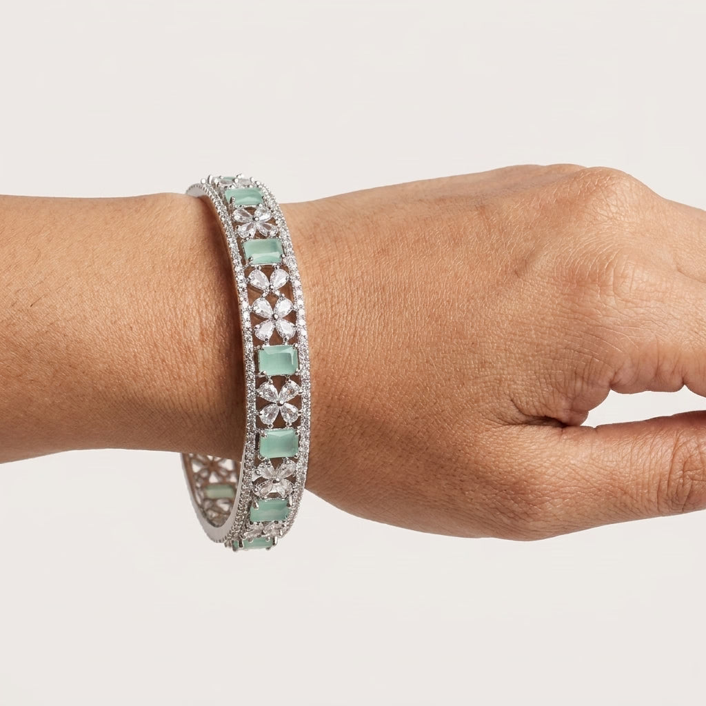 Silver Plated Mint Green American Diamond Floral Designer Bangles Set for Women, Set of 2