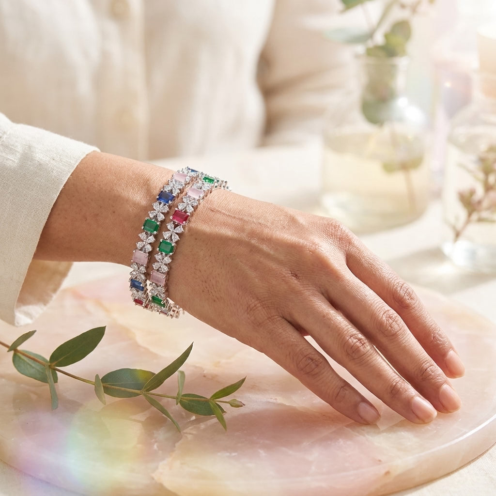 Silver Plated Multicolor American Diamond Designer Bangles Set for Women, Set of 2