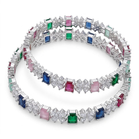 Silver Plated Multicolor American Diamond Designer Bangles Set for Women, Set of 2