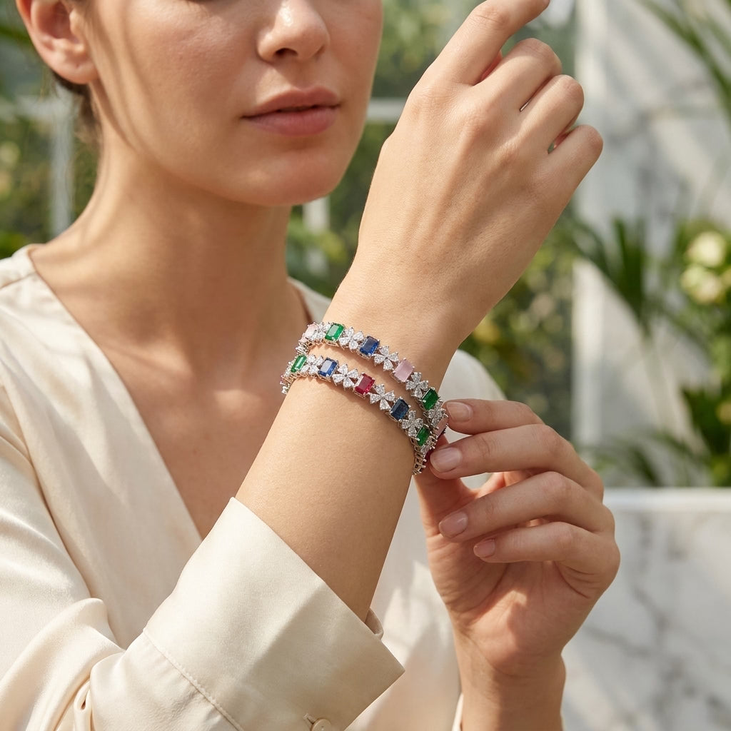 Silver Plated Multicolor American Diamond Designer Bangles Set for Women, Set of 2