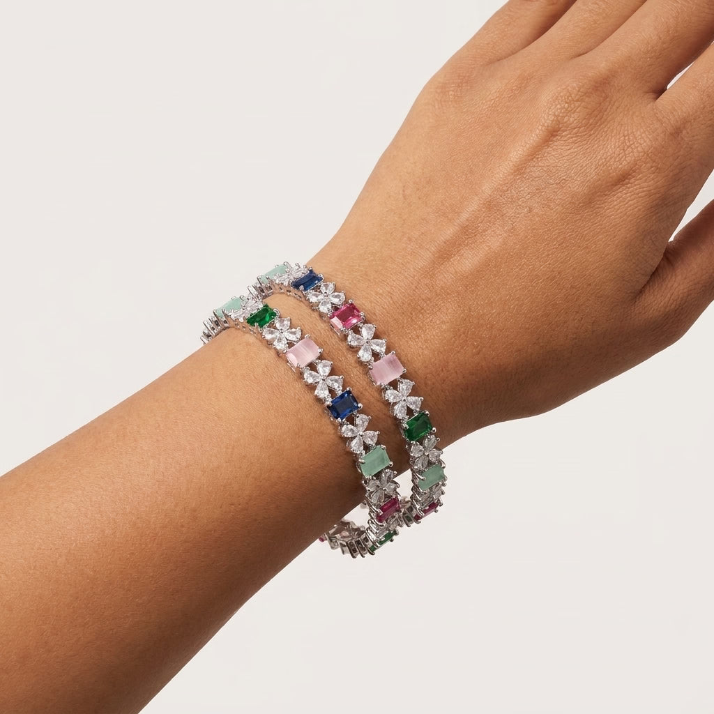 Silver Plated Multicolor American Diamond Designer Bangles Set for Women, Set of 2