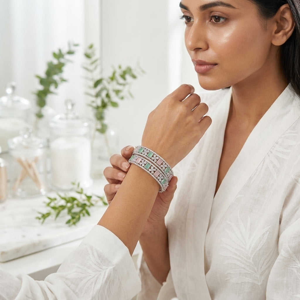 Silver Plated Pastel Green Pink American Diamond Designer Bangles Set for Women