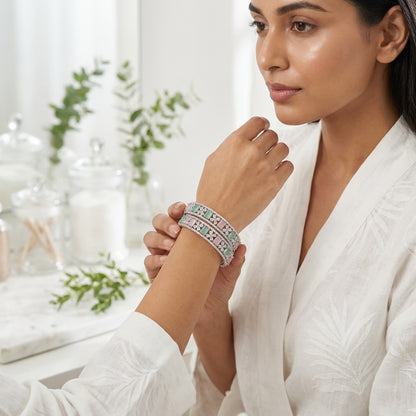 Silver Plated Pastel Green Pink American Diamond Designer Bangles Set for Women