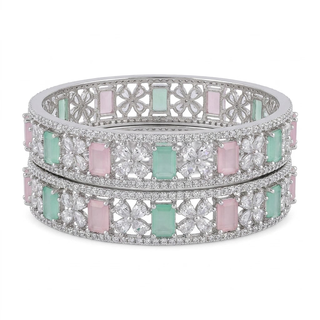Silver Plated Pastel Green Pink American Diamond Designer Bangles Set for Women