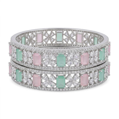 Silver Plated Pastel Green Pink American Diamond Designer Bangles Set for Women