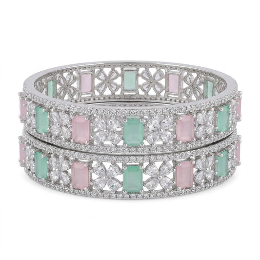 Silver Plated Pastel Green Pink American Diamond Designer Bangles Set for Women