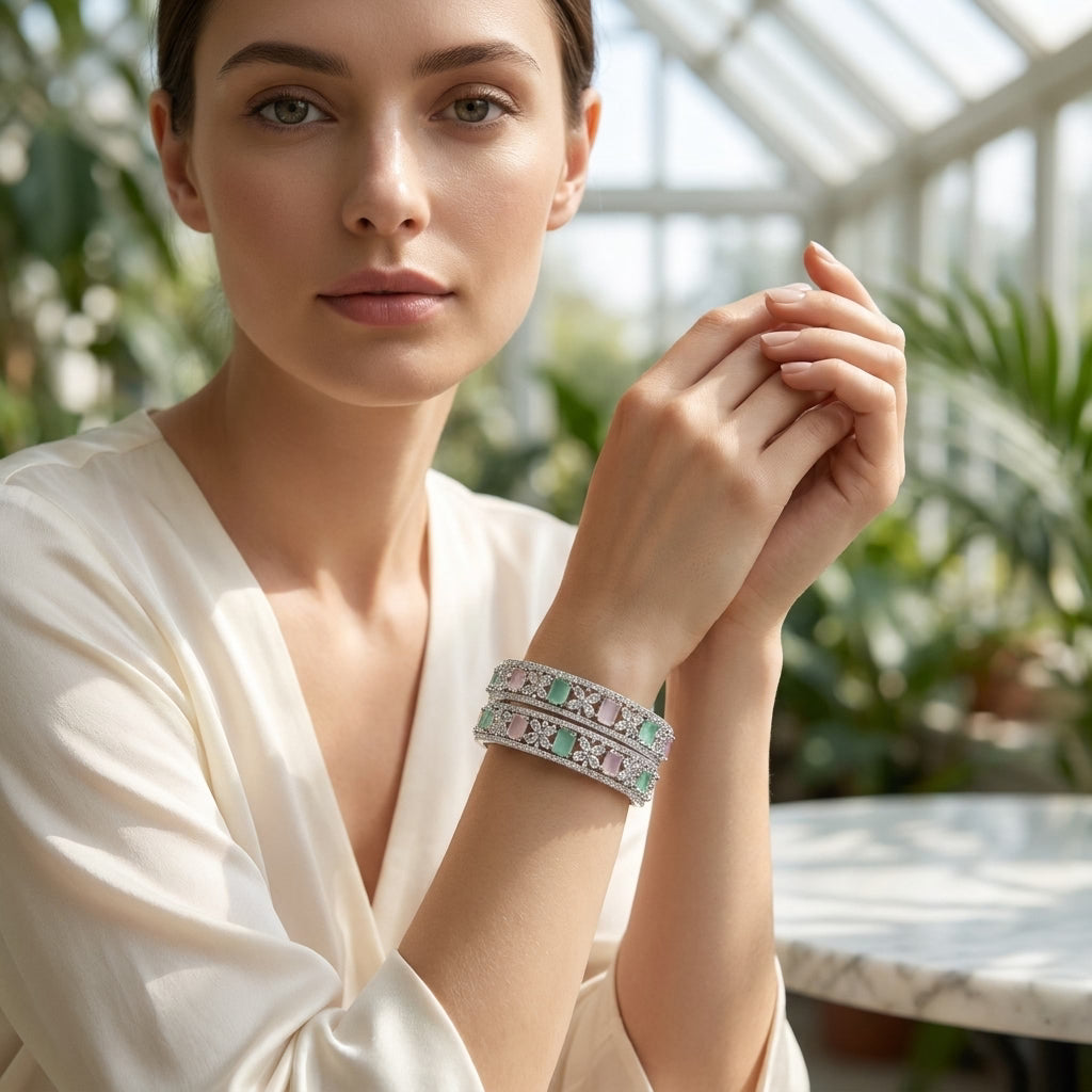 Silver Plated Pastel Green Pink American Diamond Designer Bangles Set for Women