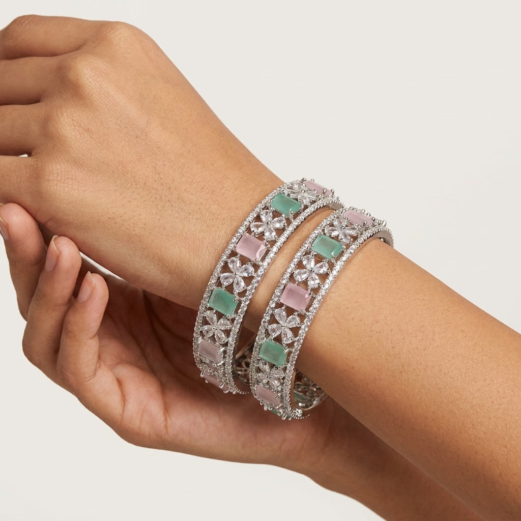 Silver Plated Pastel Green Pink American Diamond Designer Bangles Set for Women