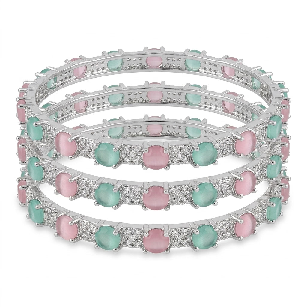Silver Plated Pastel Pink Green American Diamond Bangles Set for Women, Set of 4