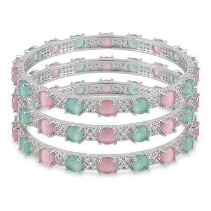 Silver Plated Pastel Pink Green American Diamond Bangles Set for Women, Set of 4
