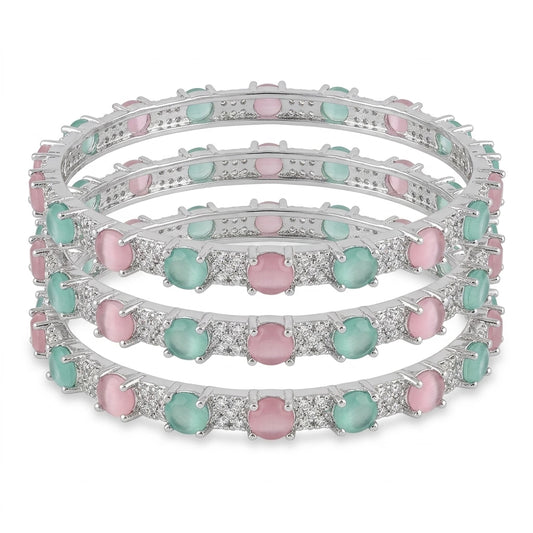 Silver Plated Pastel Pink Green American Diamond Bangles Set for Women, Set of 4