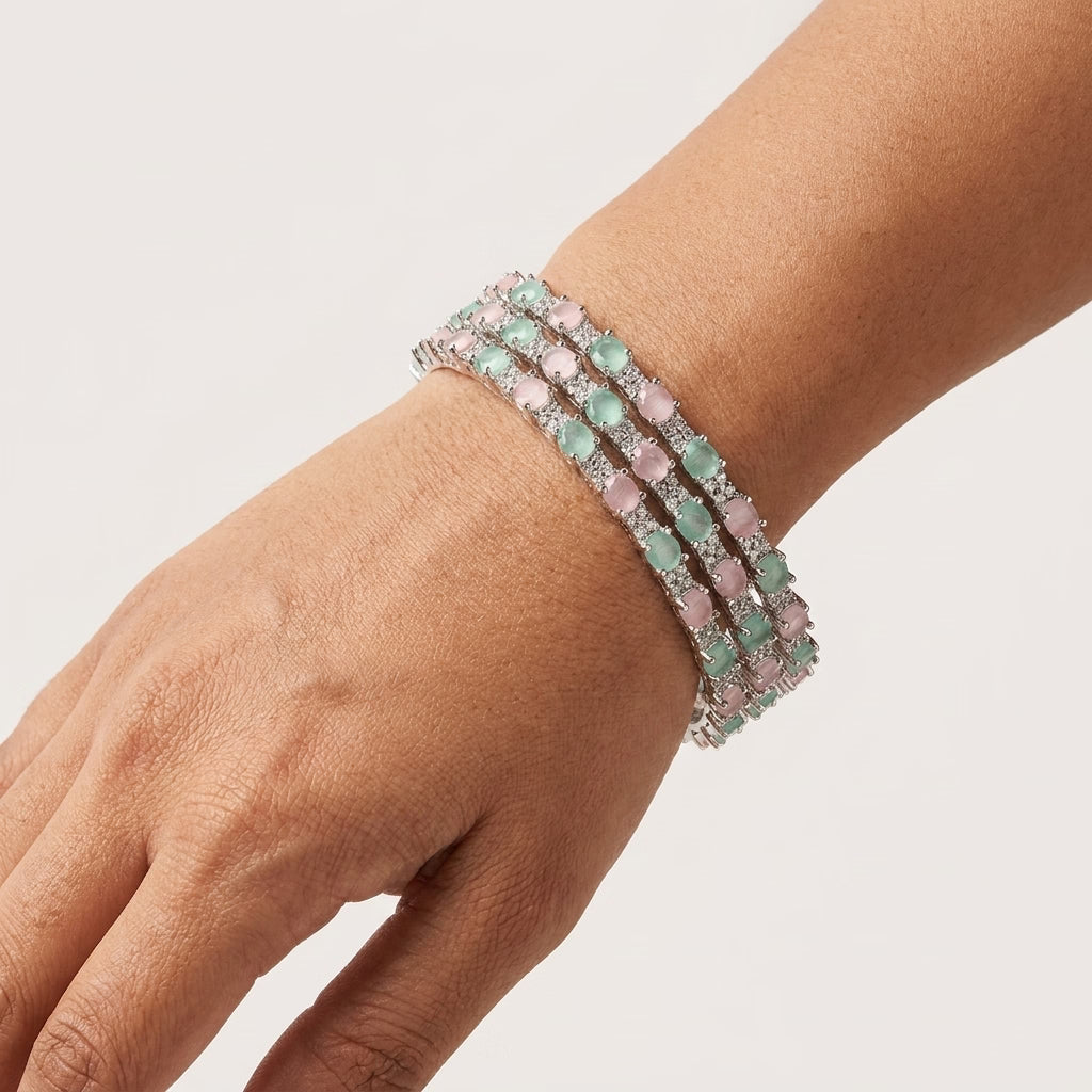 Silver Plated Pastel Pink Green American Diamond Bangles Set for Women, Set of 4