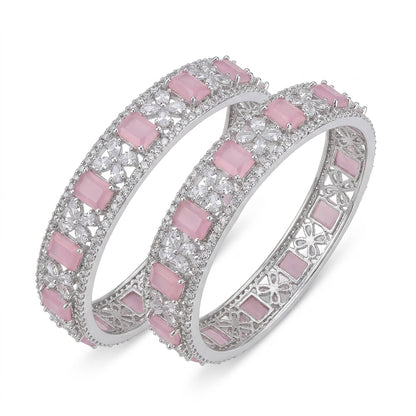 Silver Plated Pink Cat Eye American Diamond Designer Bangles Set for Women, Set of 2
