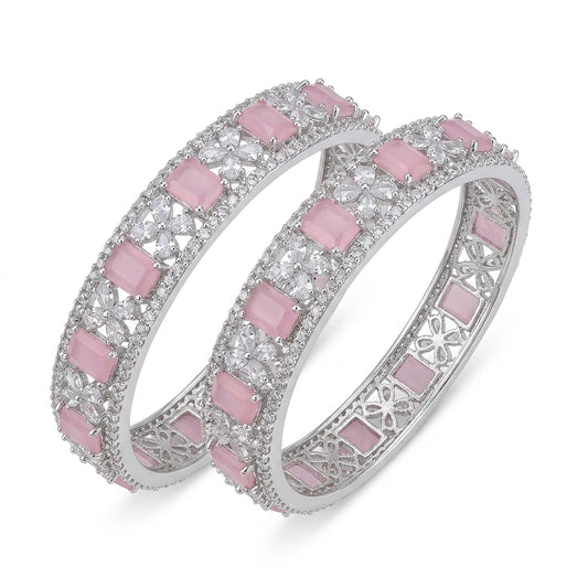 Silver Plated Pink Cat Eye American Diamond Designer Bangles Set for Women, Set of 2